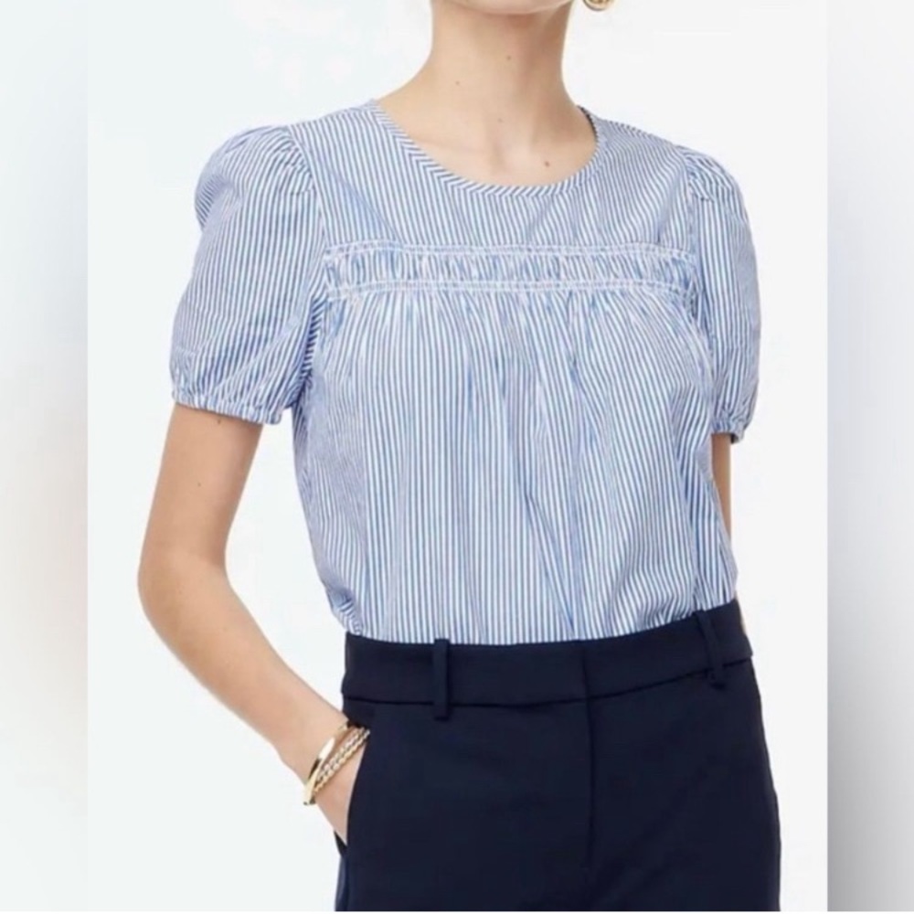 J.Crew Factory Top Women Blue White Pinstripe Short Sleeve Cotton Petite Large - Picture 10 of 10
